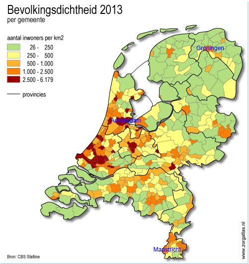 Kaart bevolkingsdichtheid Nederland 2013